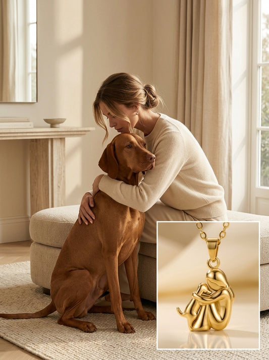 Woman hugging a dog with Forever Hug necklace jewelry