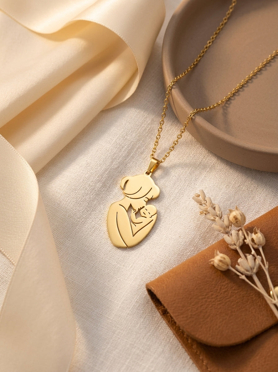 Gold Mother and Baby pendant necklace styled for gifting