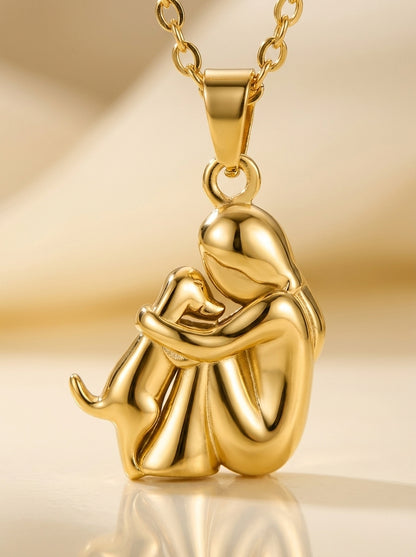 Gold woman and dog Forever Hug pendant necklace