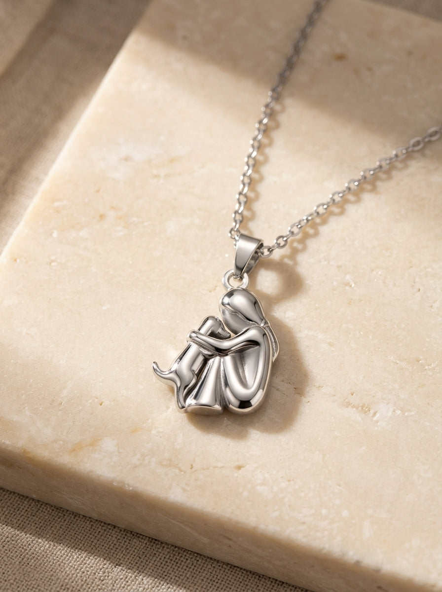 Silver woman and dog Forever Hug pendant necklace