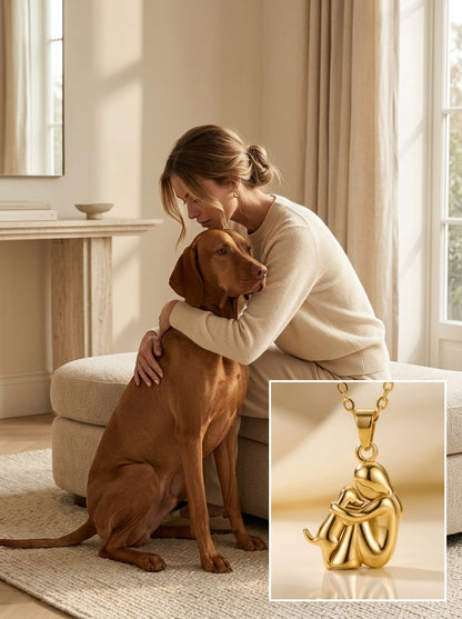 Woman hugging a dog with Forever Hug necklace jewelry