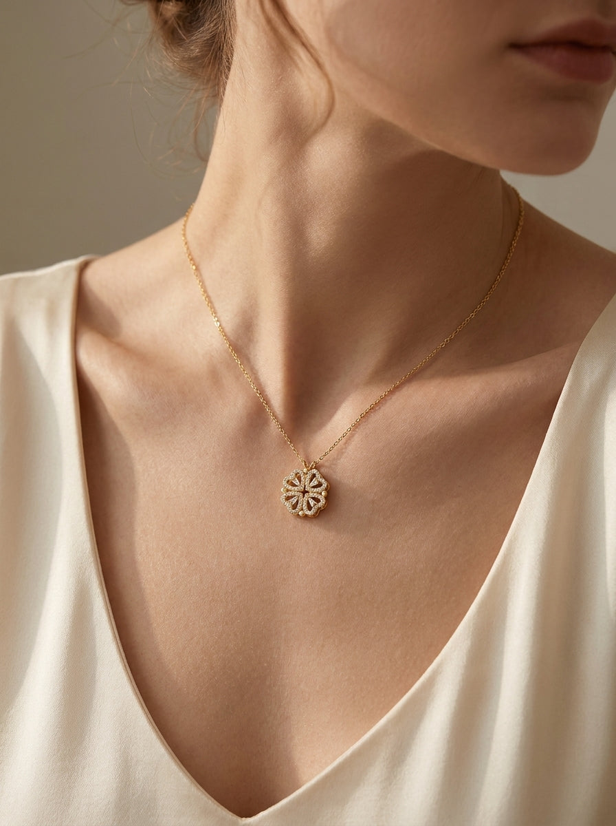 Model wearing the Love in Bloom clover necklace