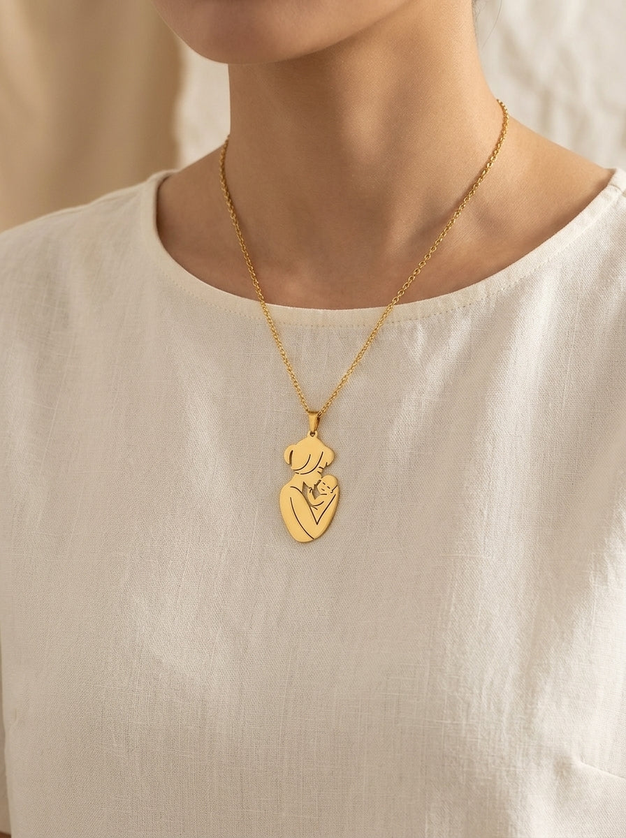 Model wearing the Always With You Mother and Baby necklace